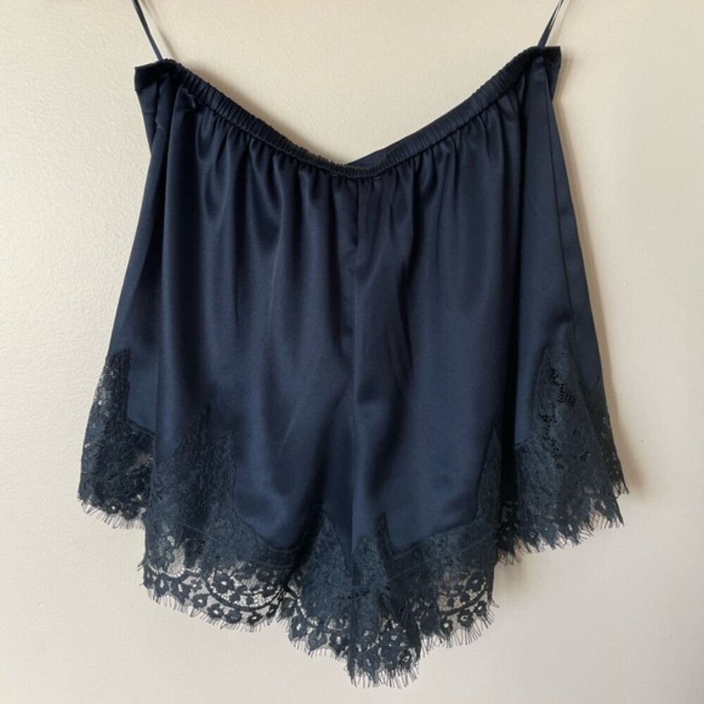 NEW Reformation Fern Midnight Navy Lace Trim Satin Shorts Elastic Waist | US S - Picture 6 of 11